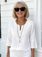 Women's Loose Solid Color V-Neck Lace Edge Shirt
