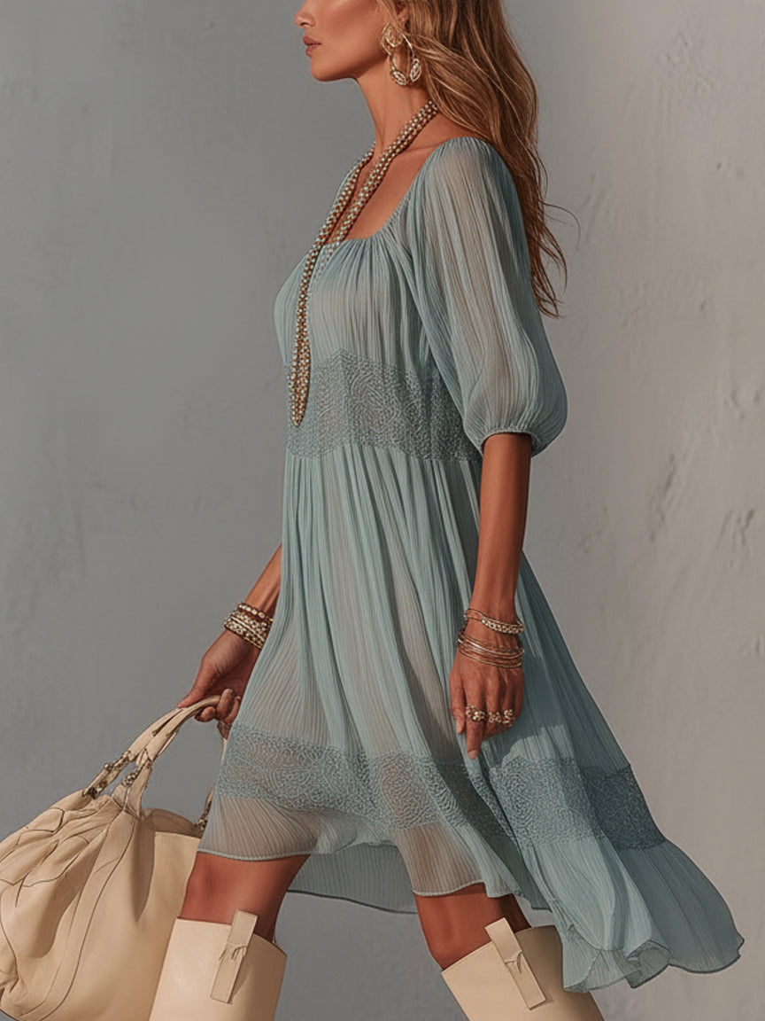 Blue Pleated Lace Midi Dress
