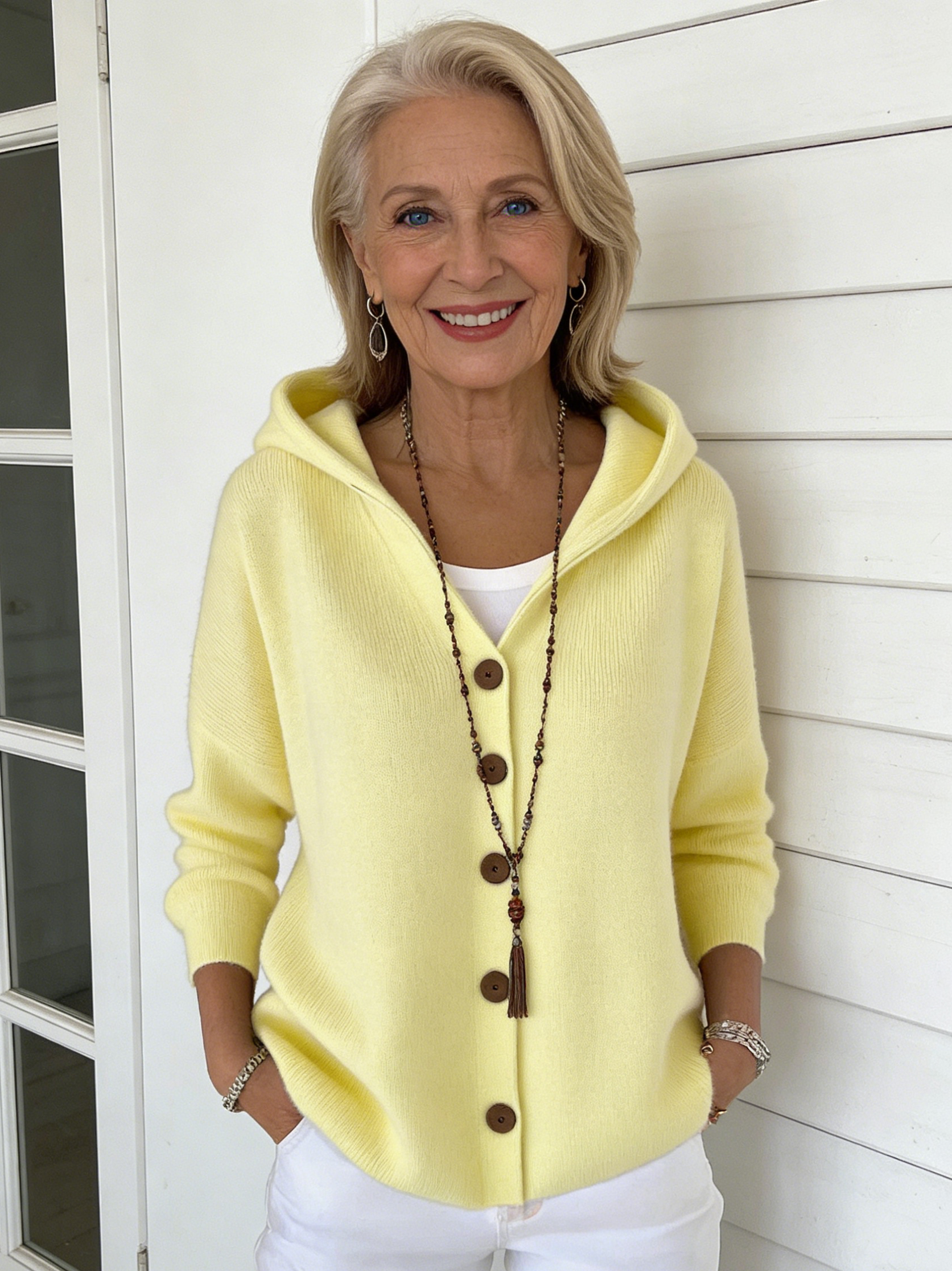 Button Knitted Hooded Sweater Cardigan Jacket Solid Color Casual Fashion Women's Clothing