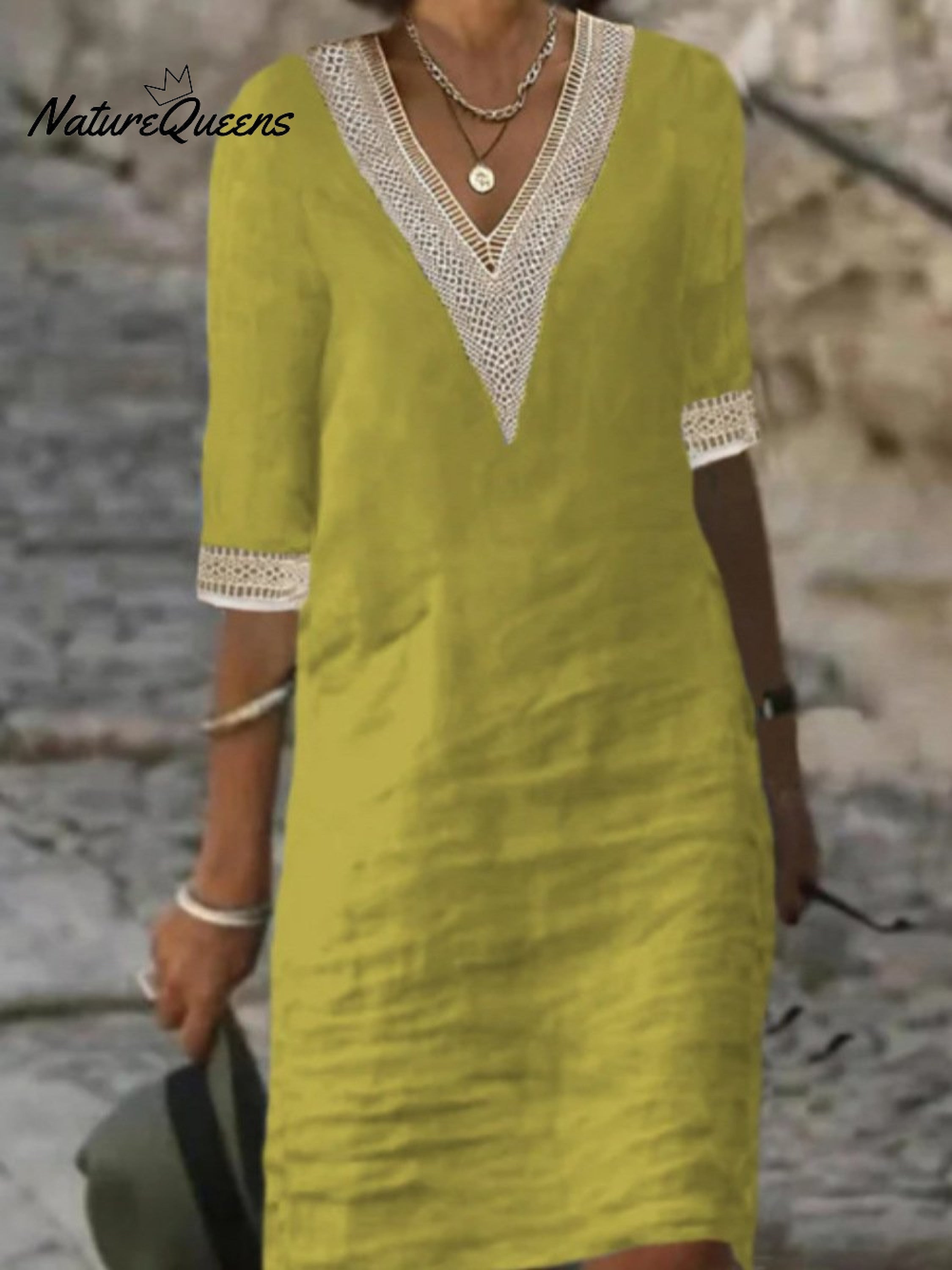 V-neck Mid-sleeved Cotton and Linen Casual Dress