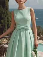 Midi Cotton Dress, Sleeveless, Round Neck, Plain, Bow, French Vintage, mint