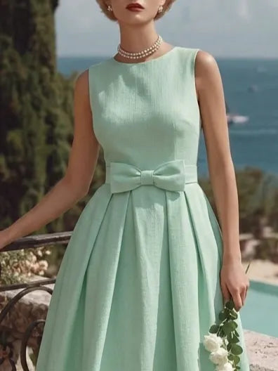 Midi Cotton Dress, Sleeveless, Round Neck, Plain, Bow, French Vintage, mint