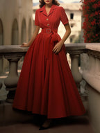 Cotton Maxi Dress, Plain, Pocket Stitching, Shawl Collar, Linen Blended, Belt, Vintage, Short Sleeves, Red