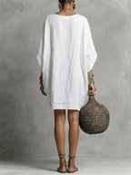 Women's Solid-color Cowl-neck 3/4-sleeve Casual Loose Cotton-linen Dress