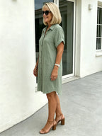 Solid Color Shirt Dress Simple, Made of Breathable, Featuring a Lapel Collar and Orderly Button Arrangement That Adds a Vintage Charm