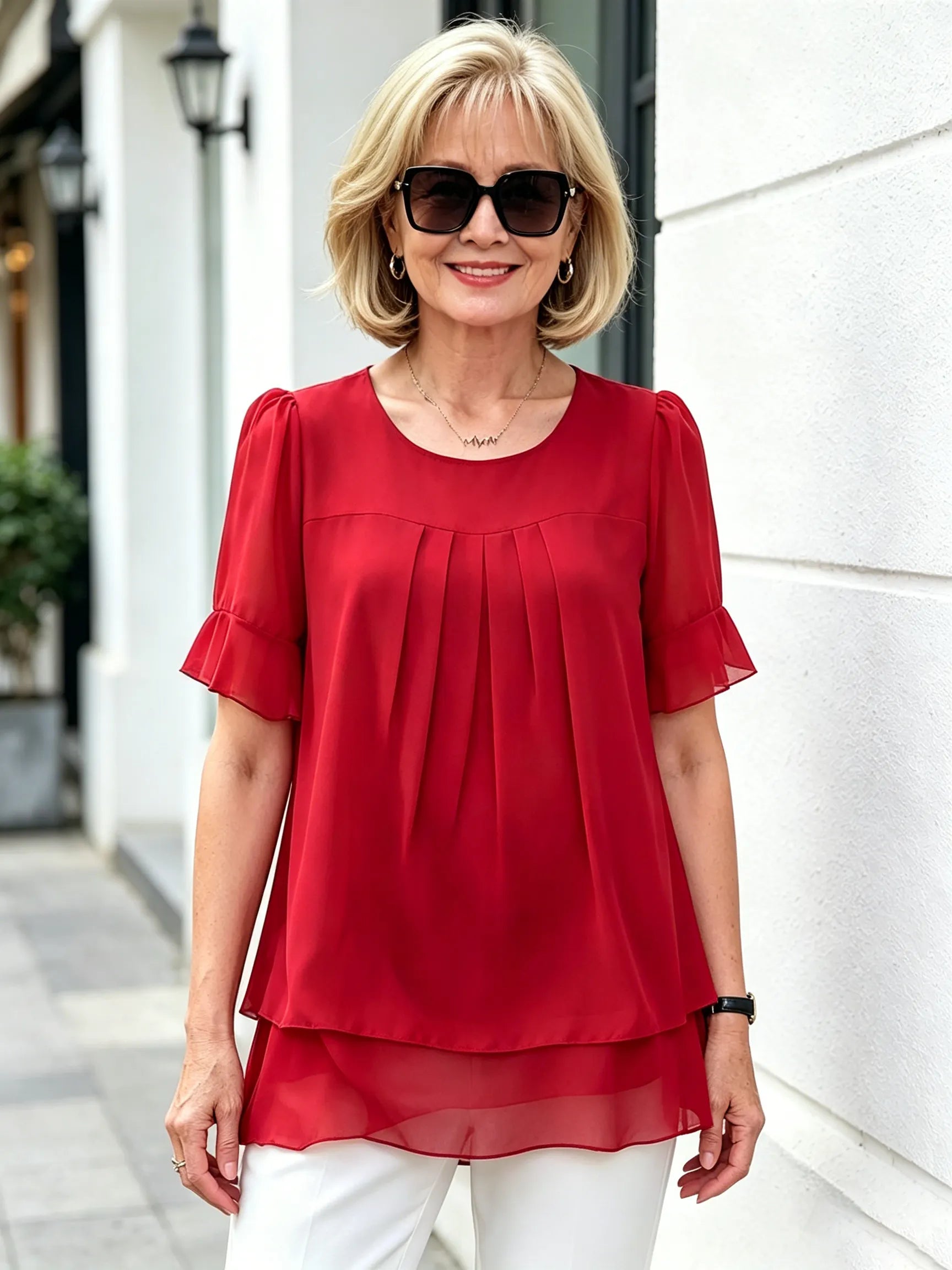 Pink Layered Chiffon Tunic Top, Round Neck Ruffle Short Sleeve Loose Tummy Concealing Blouse for Mature Women