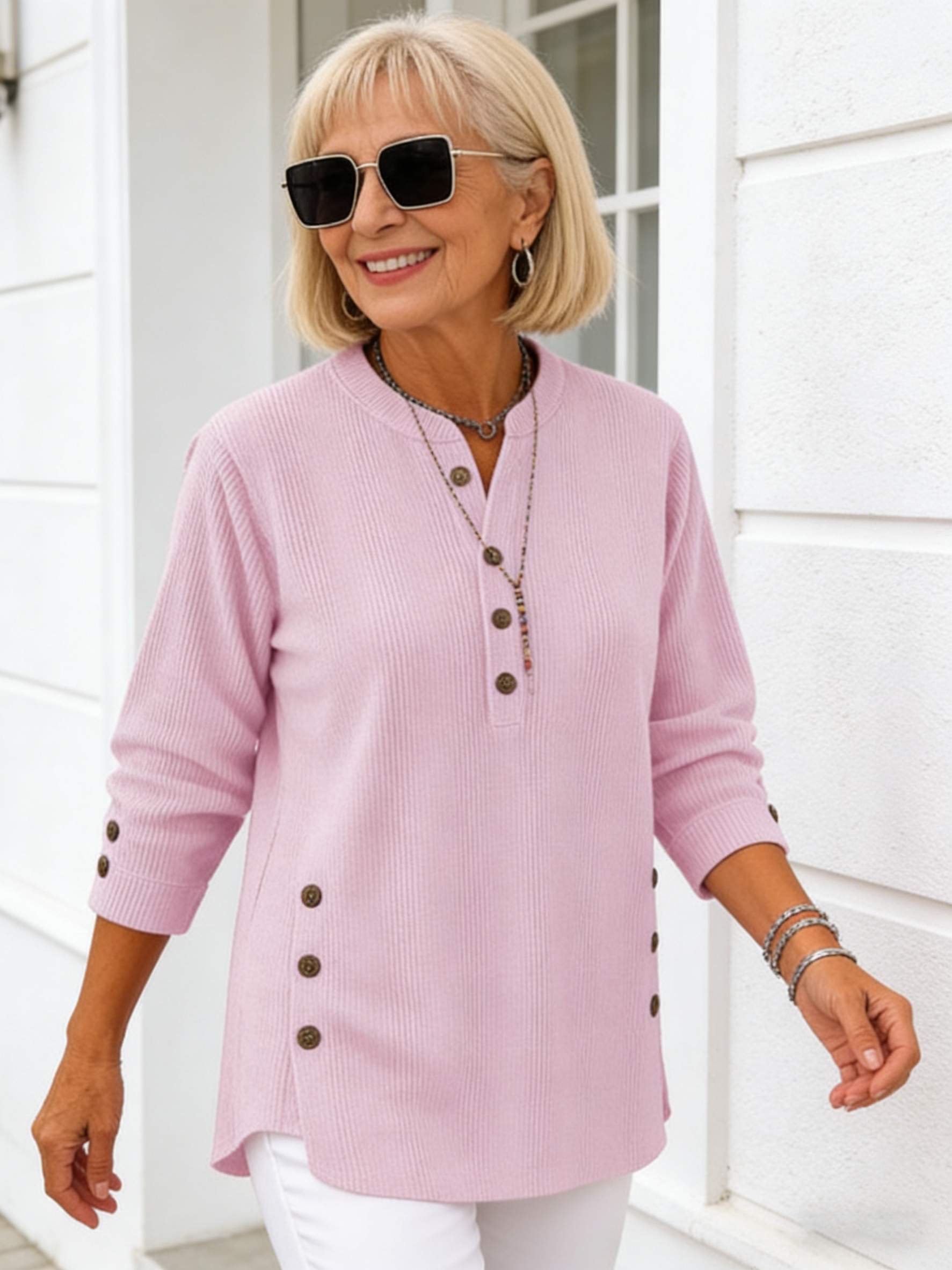 Corduroy Solid Color Loose Casual V-Neck Button Long Sleeve Women's Top T-Shirt