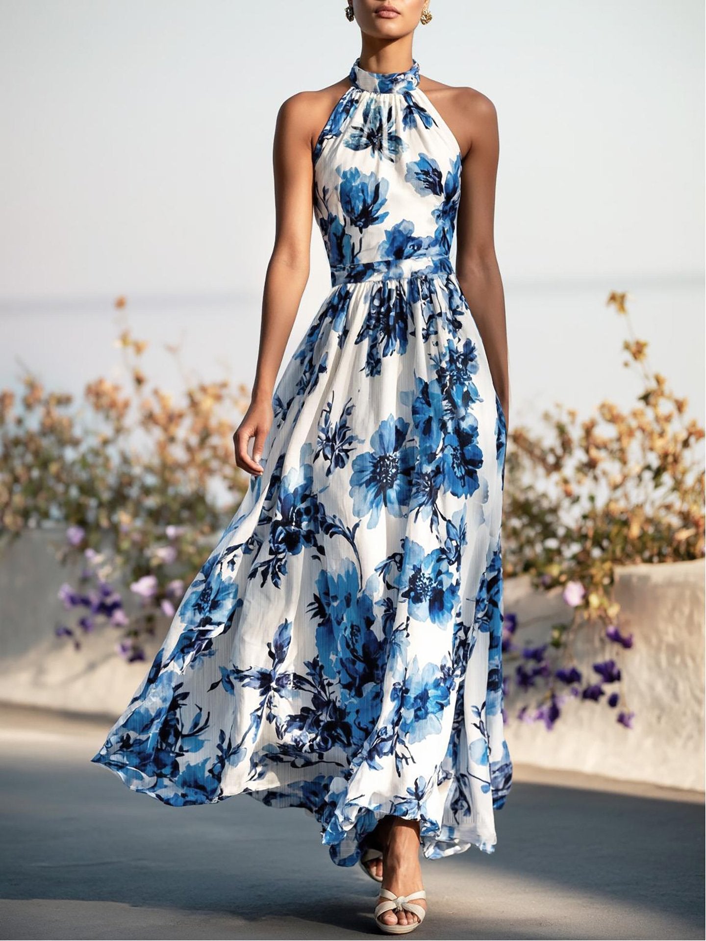 Linen Maxi Dress, Sleeveless, Halter, Floral, Vintage, White