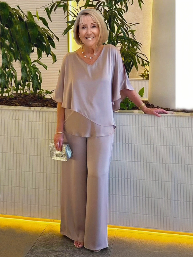 2Pcs Gray Double Layer Tunic Pantsuit