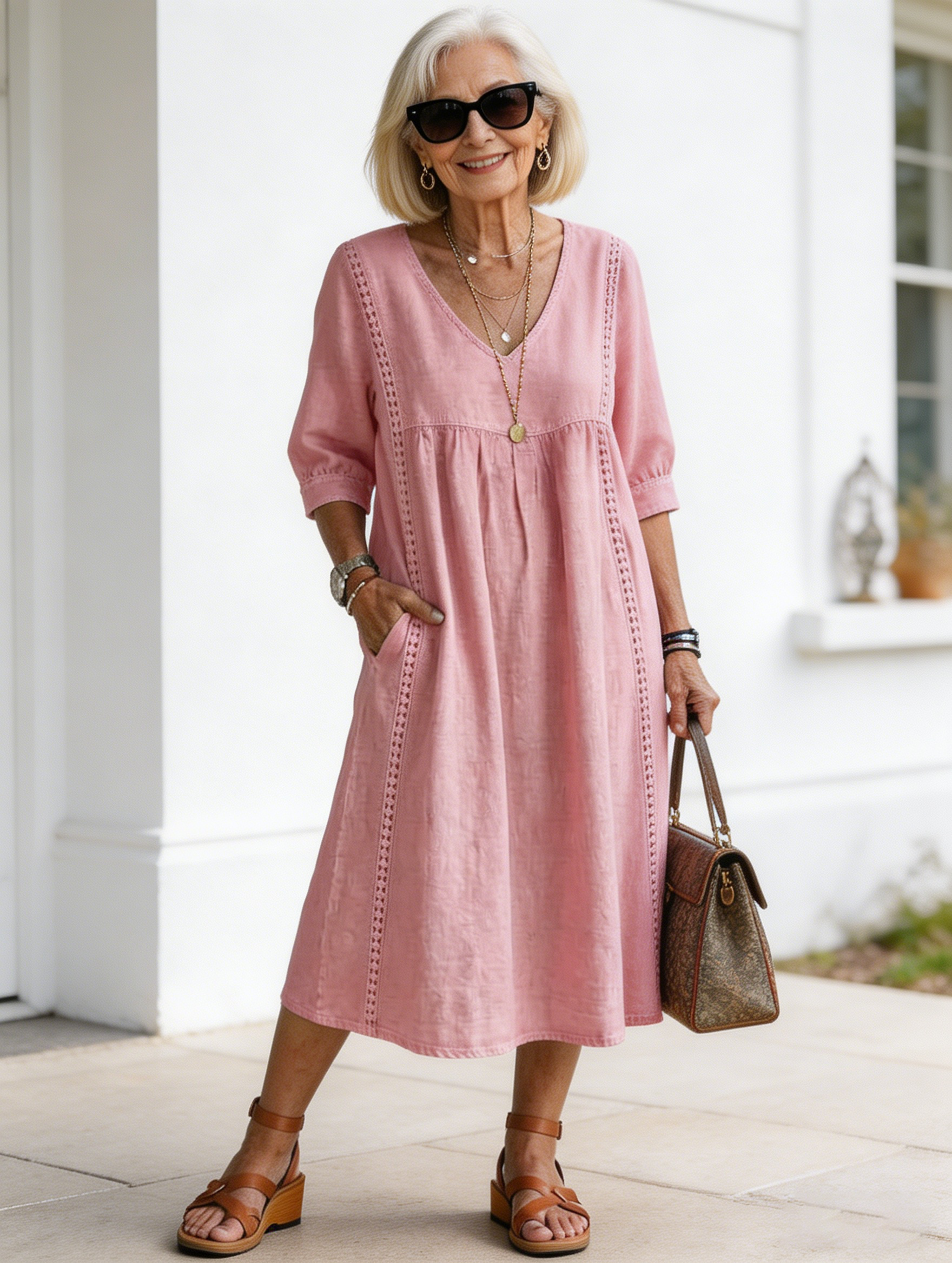 Casual Loose V-neck Splicing Lace Edge Linen Cotton Dress