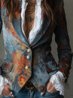 Retro Oil Painting Style Polyester Velvet Printed Double-breasted Blazer