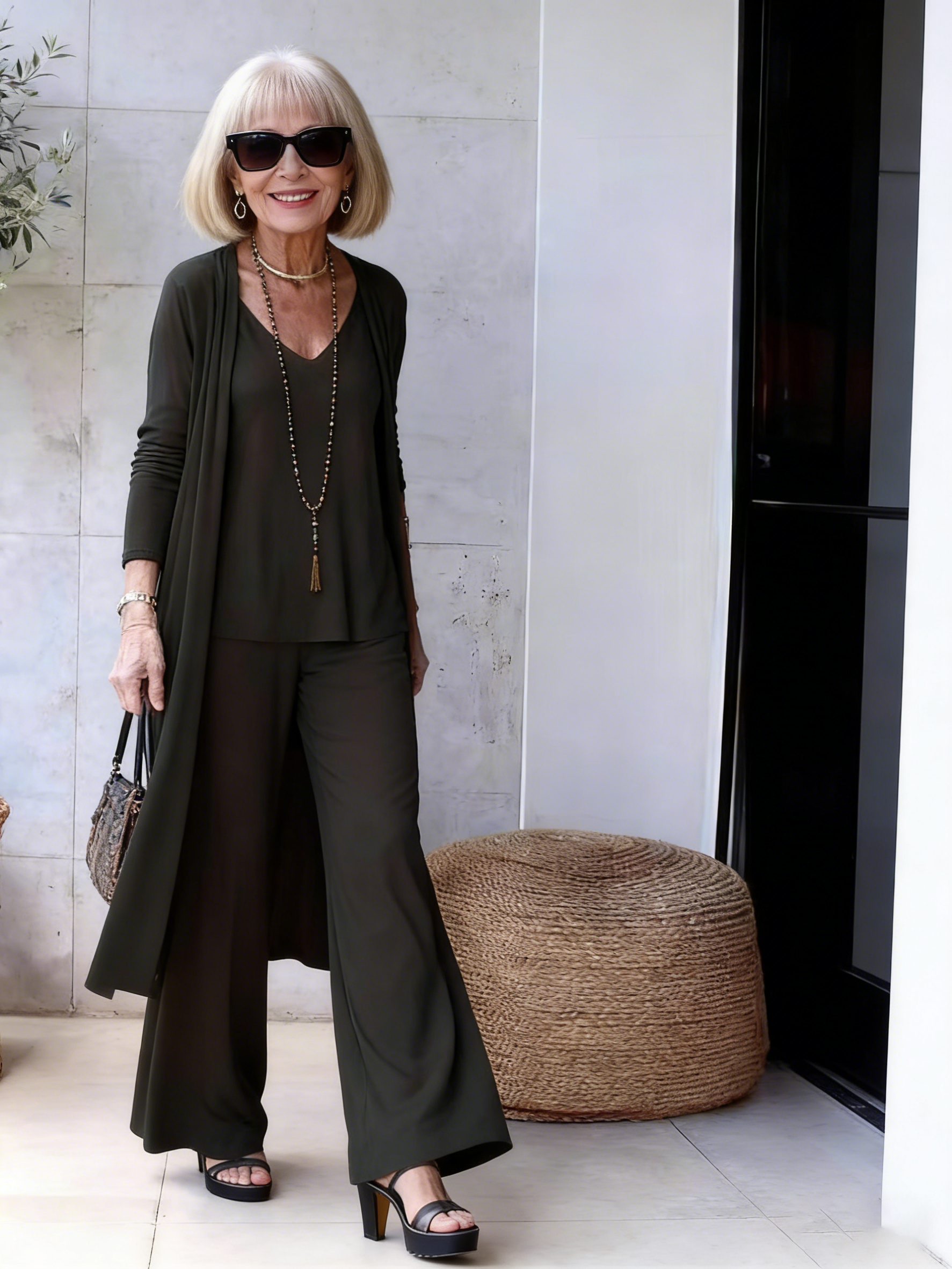 3Pcs Loose Three-Piece Set V-neck Strap Straight-Leg Trousers Long Cardigan