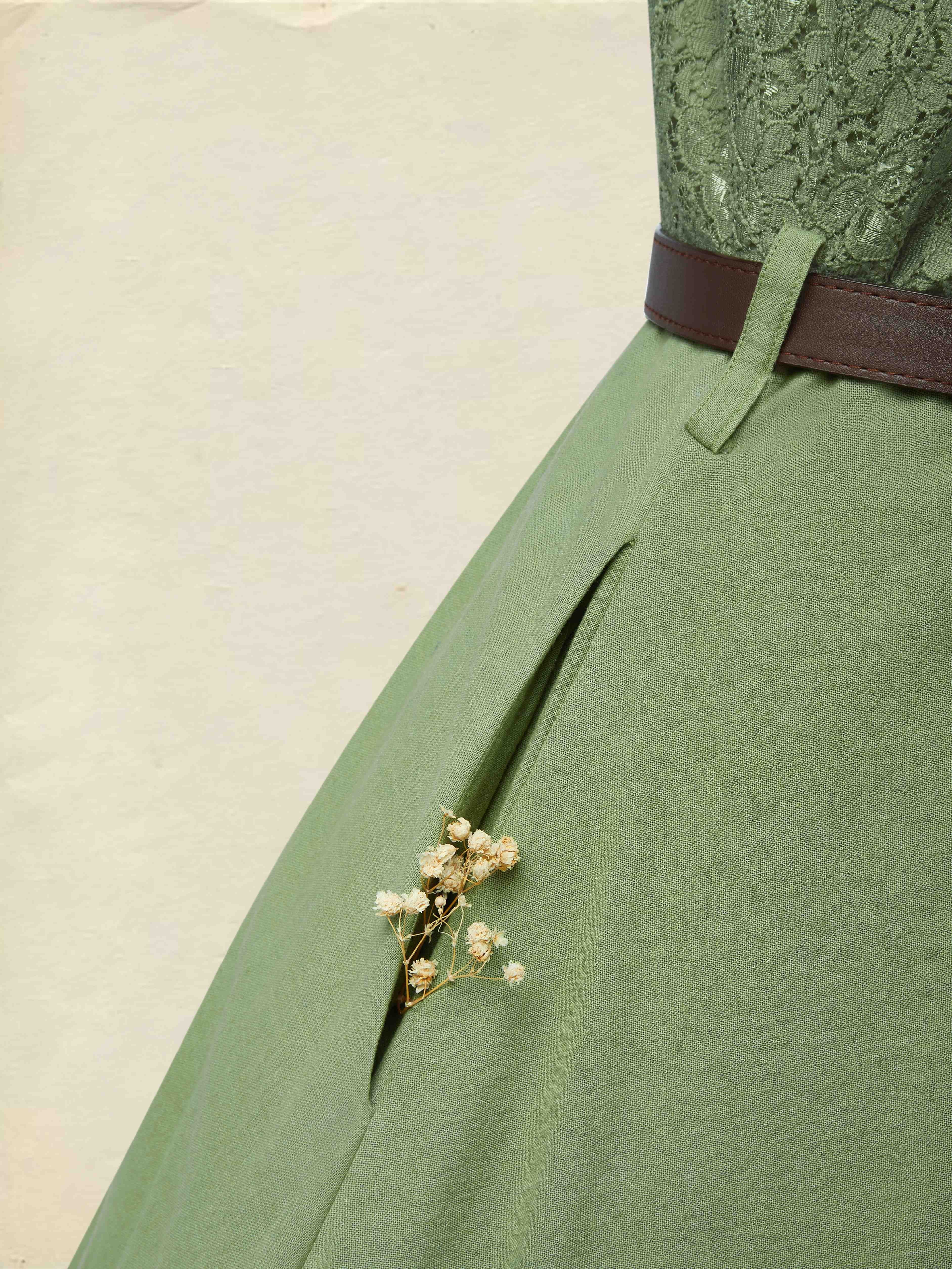 Midi Linen Dress , Half Sleeve, V Neck, Plain, Lace, Vintage, Army Green