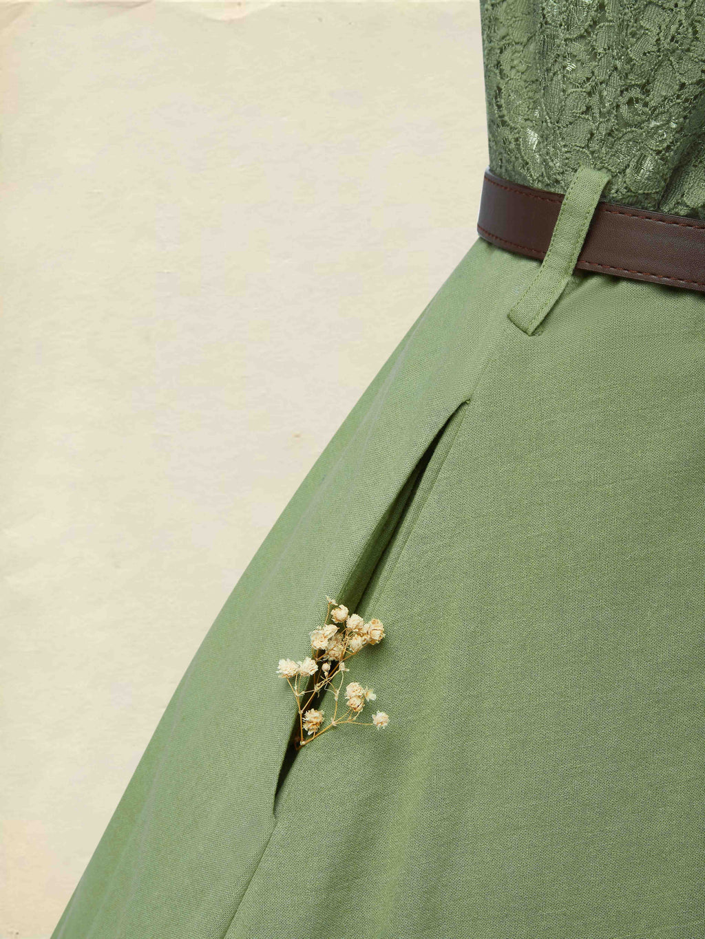 Midi Linen Dress , Half Sleeve, V Neck, Plain, Lace, Vintage, Army Green