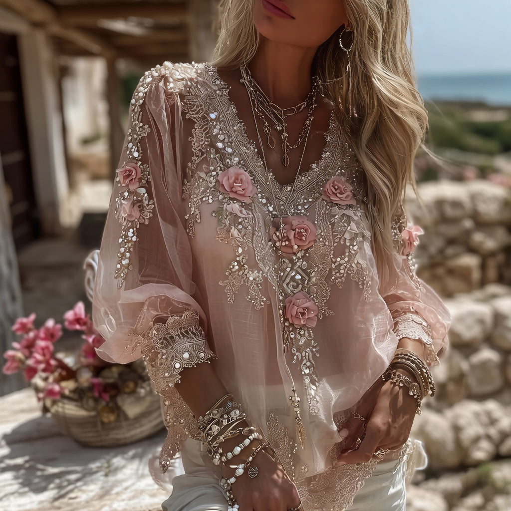 Women's Vintage Pink Floral Art Print Flowy Linen Blend Casual V Neck Tops