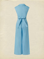 Cotton Jumpsuit , Cap Sleeves, V Neck, Plain, 3D Floral, French Vintage, Blue