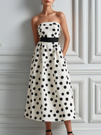 Black & White Polka Dot Strapless A-Line Midi Dress