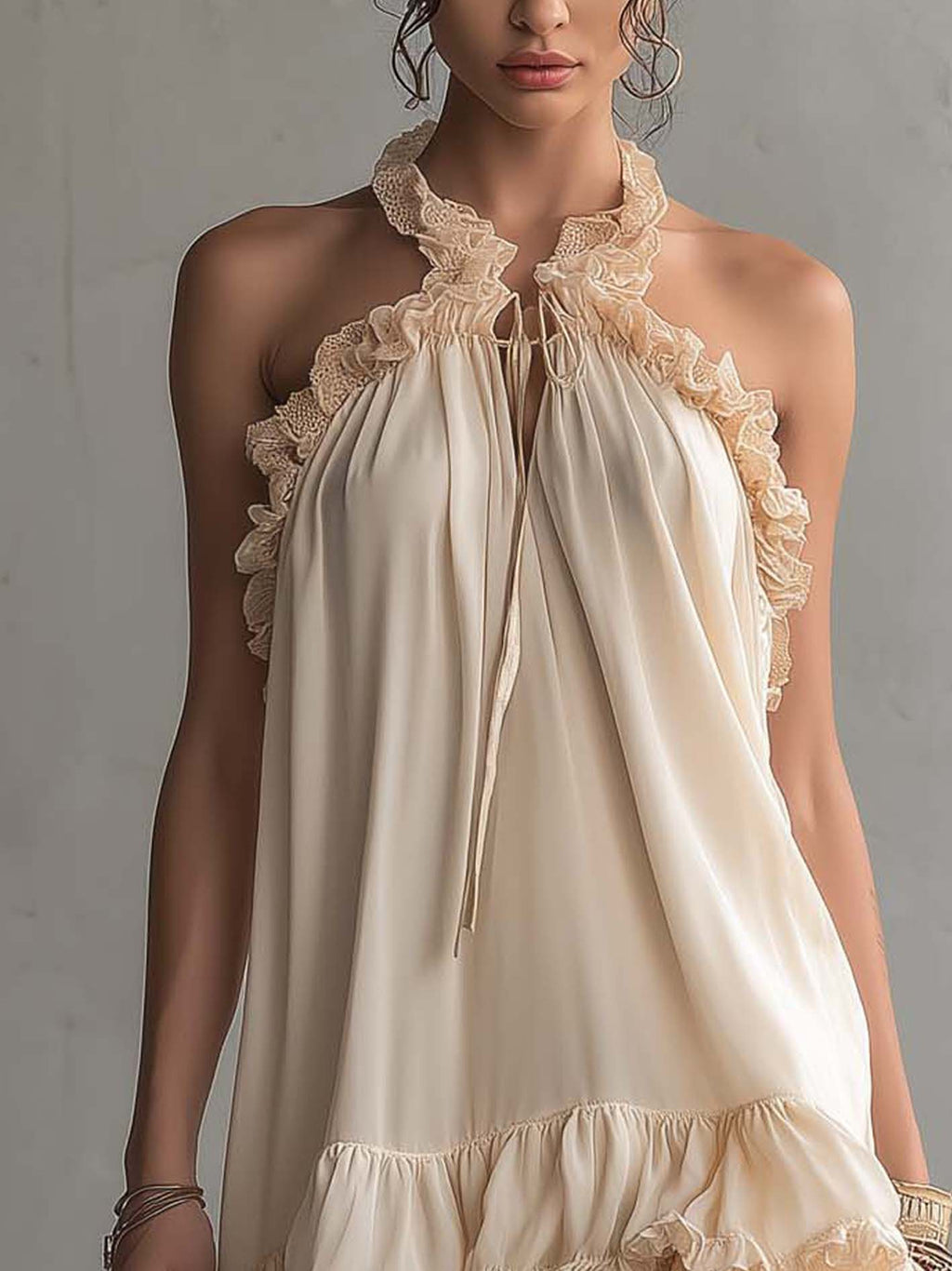 Beige Ruffled Trim Patchwork Chiffon Mini Dress