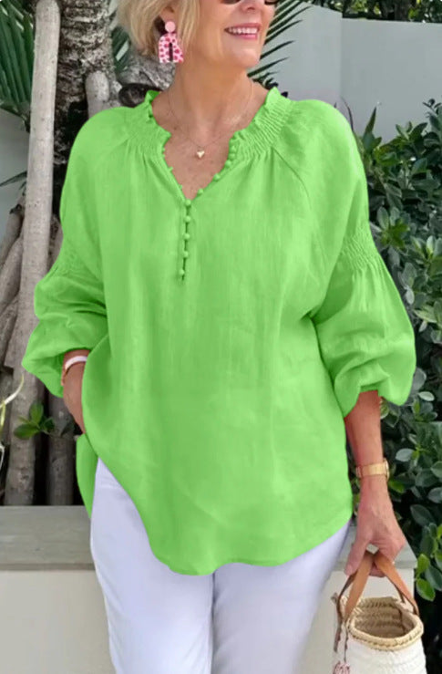 Casual V-neck Solid Color Cotton and Linen Long-sleeved Top