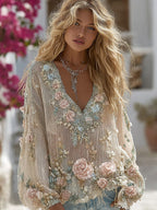 Vintage Rose Diamond Embroidery V-neck Long Sleeve Boho Shirt
