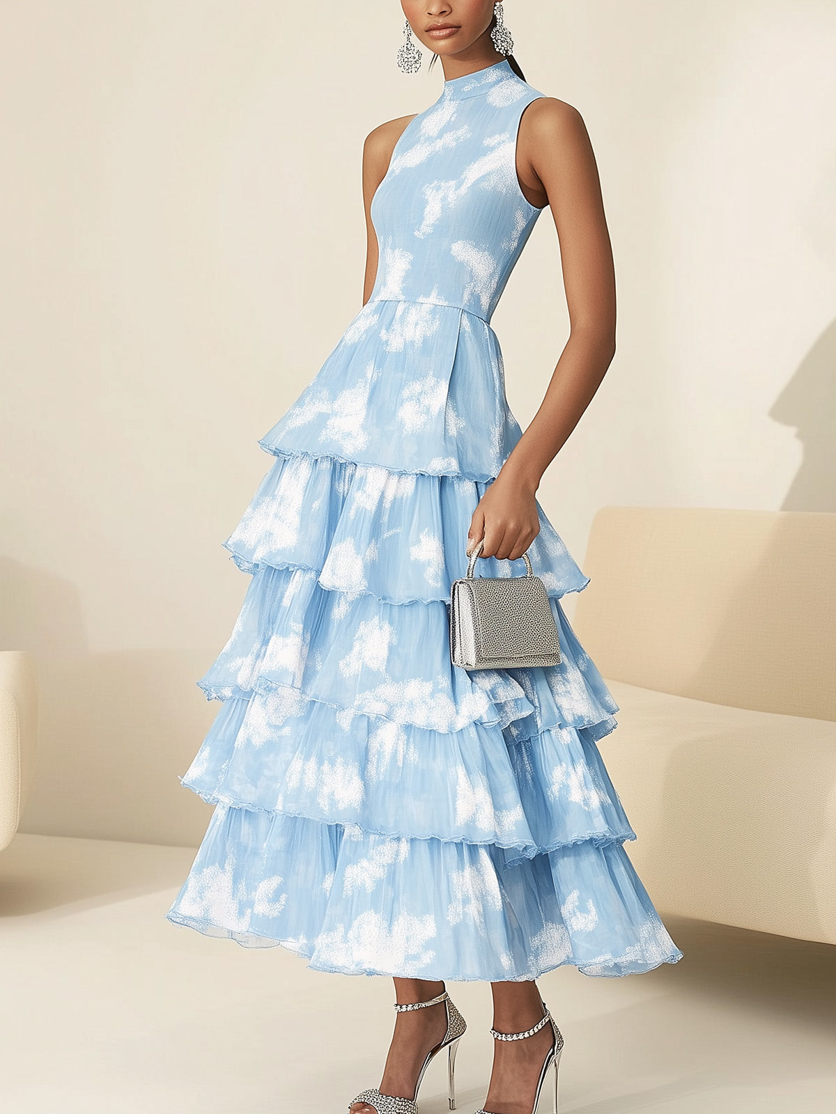 Light Blue Chiffon Printed Tiered Dress