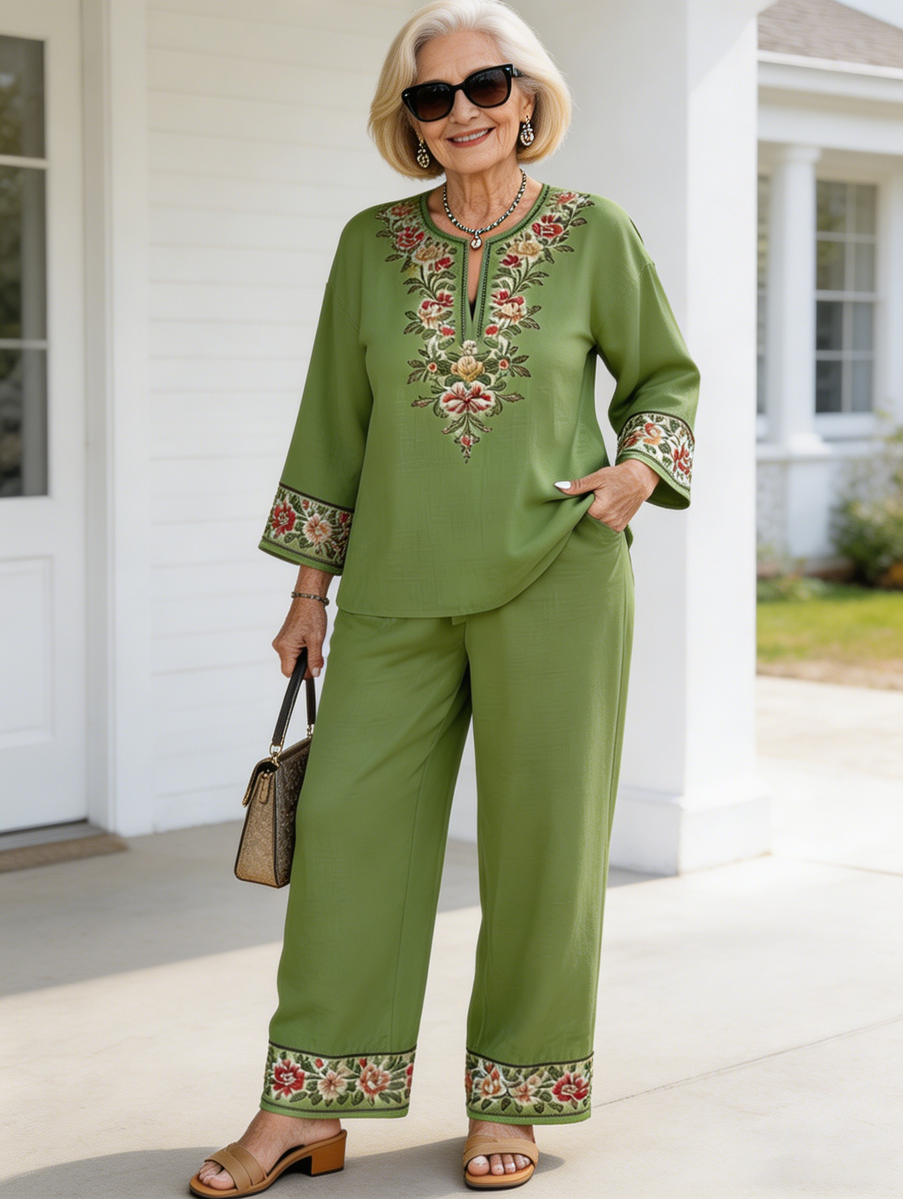 2Pcs Vacation Long-sleeved Lace Flower Long-sleeved Ethnic Style Suit