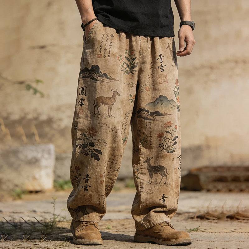 Men's Japanese Art Print Workwear Drawstring Waist Casual Pants