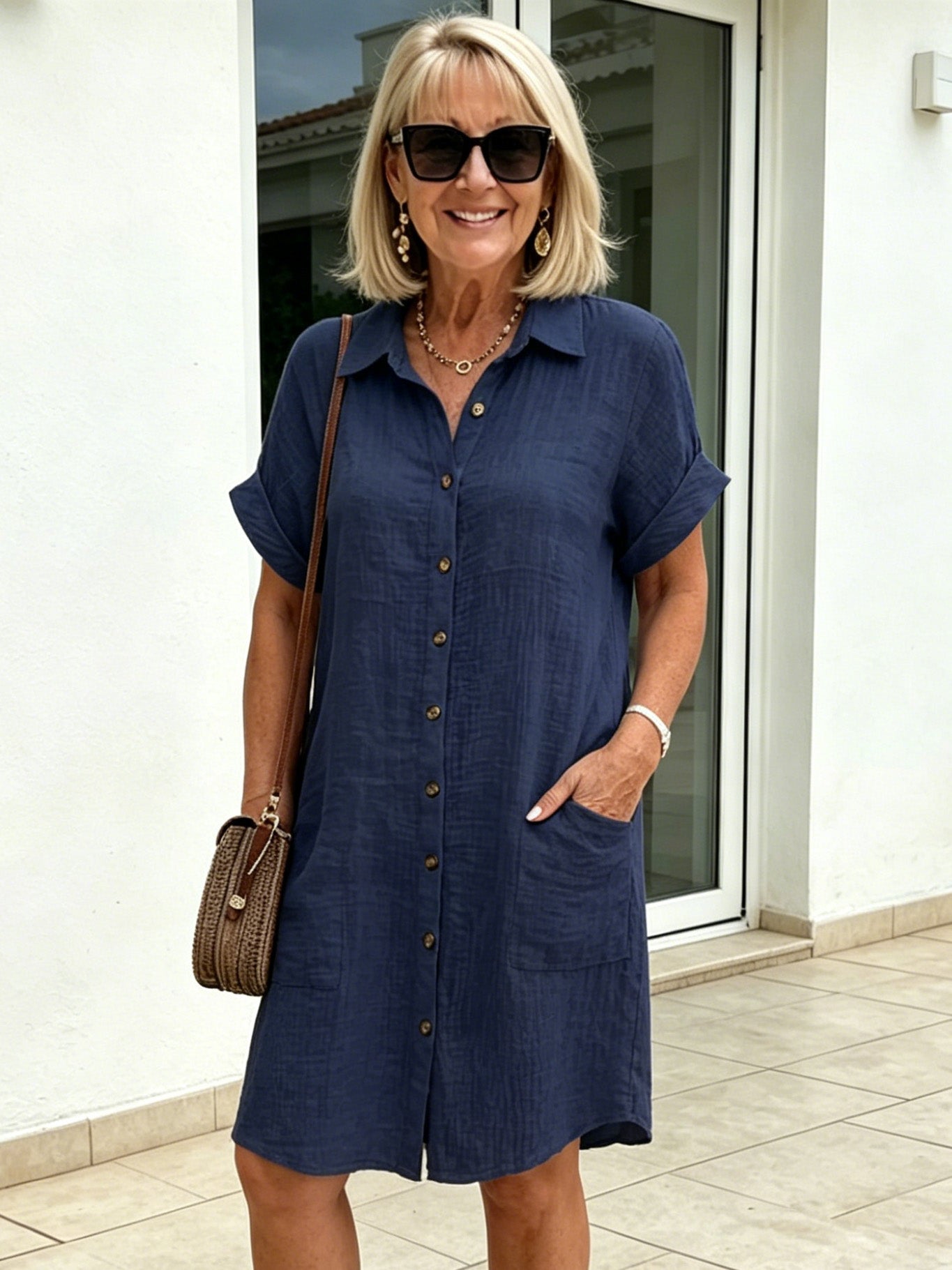 Solid Color Shirt Dress Simple, Made of Breathable, Featuring a Lapel Collar and Orderly Button Arrangement That Adds a Vintage Charm