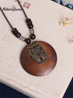 Vintage Alloy Leaf Wooden Pandent Necklace