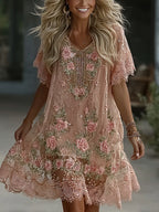 Women's Vintage Pink Flower Art V Neck Short Sleeve Midi Dress