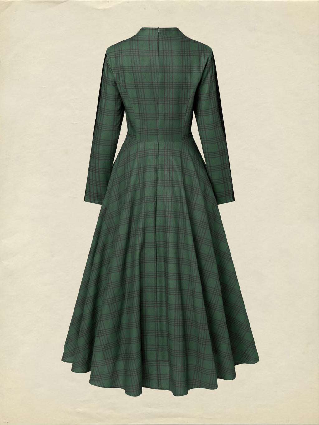 Maxi Linen Dress, Long Sleeves, V Neck, Plaid, Lace, Vintage, Deep Green