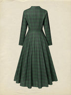 Maxi Linen Dress, Long Sleeves, V Neck, Plaid, Lace, Vintage, Deep Green