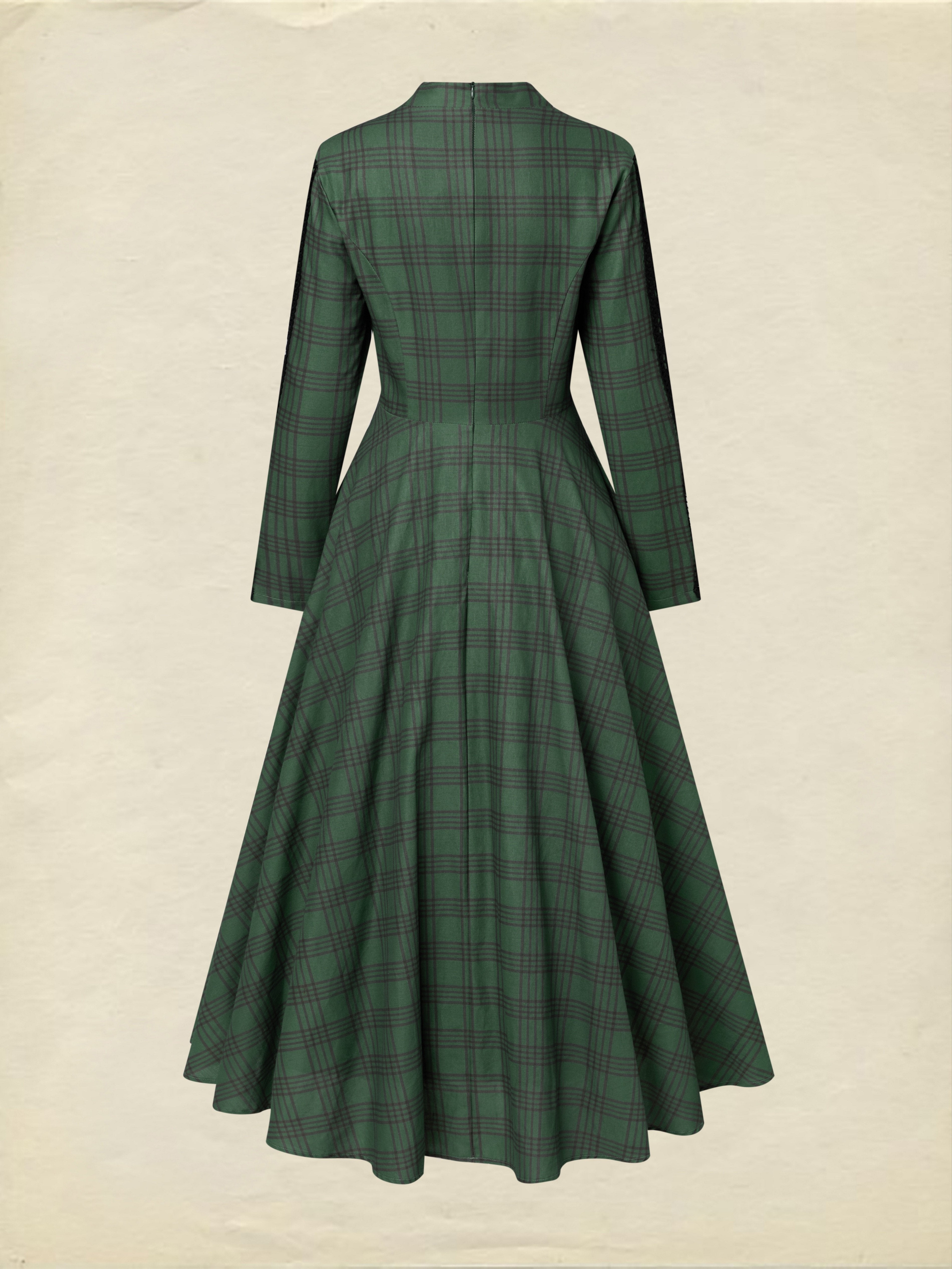 Maxi Linen Dress, Long Sleeves, V Neck, Plaid, Lace, Vintage, Deep Green