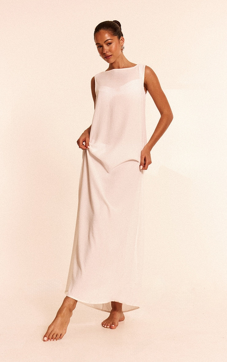 White Floaty Woven Boat Neck Maxi Beach Dress