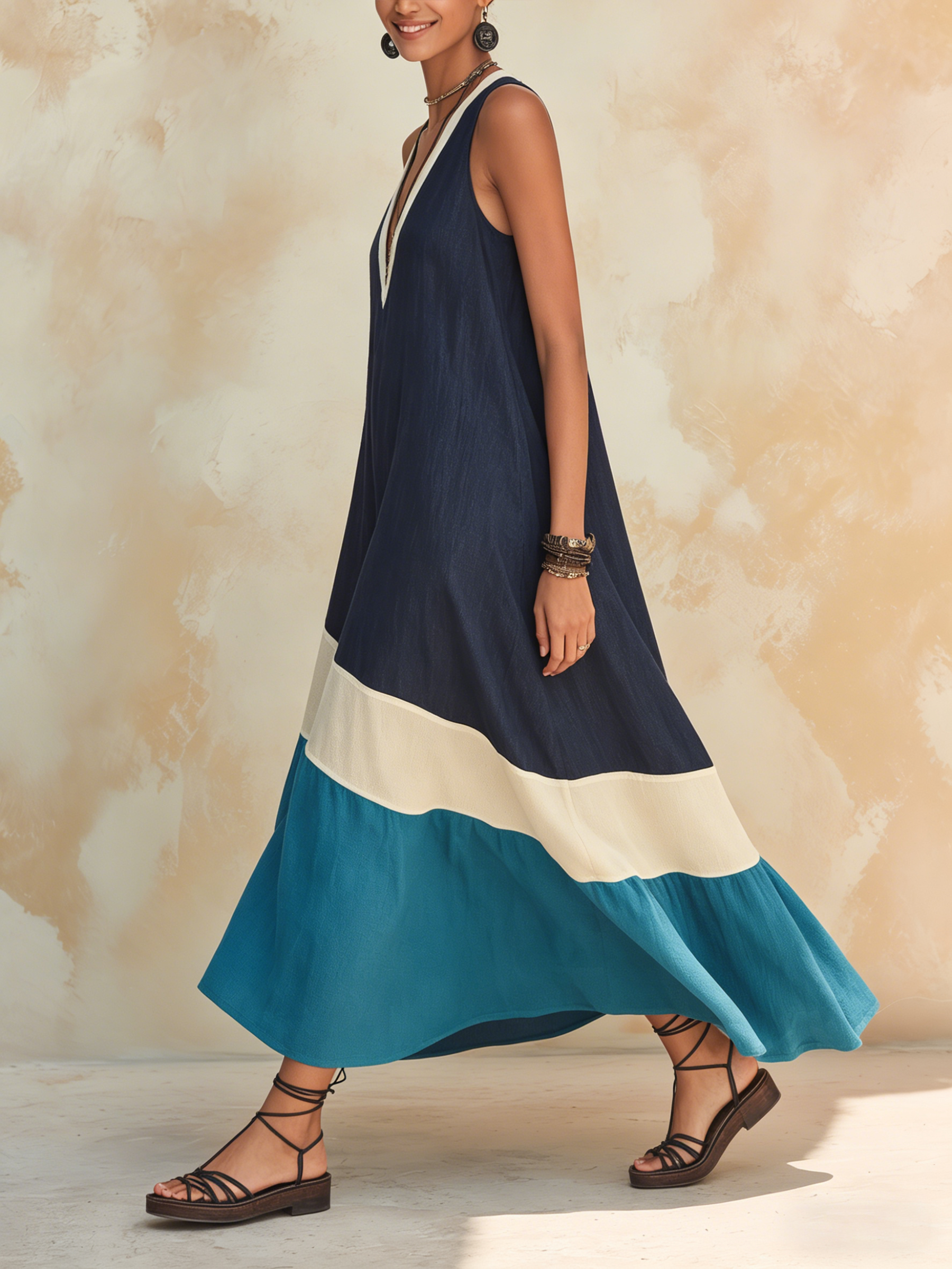 Color Block Linen-Blend Maxi Dress