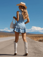 Western Retro Light Blue Denim Frayed Ruffle Sleeveless Mini Dress