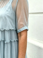 Light Blue Tiered Ruffle Chiffon Midi Dress, Round Neck Flutter Short Sleeve Loose Plus Size Elegant Women Dress