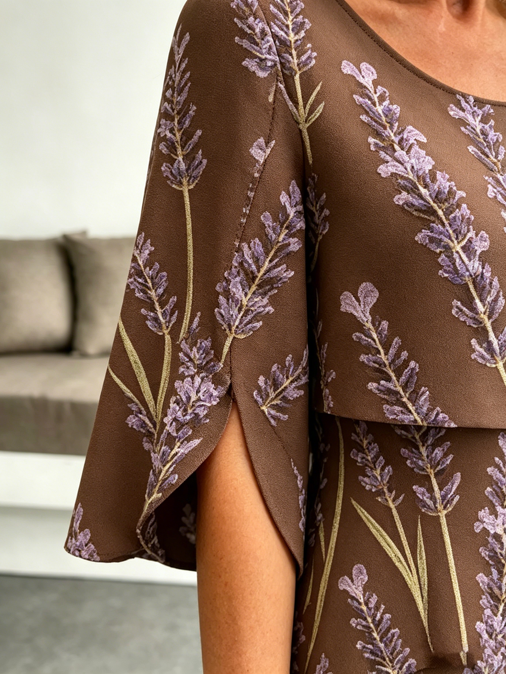 Lavender Chiffon Vacation Prints Color Round Neck Cake Skirt Splicing Dress Mid-length