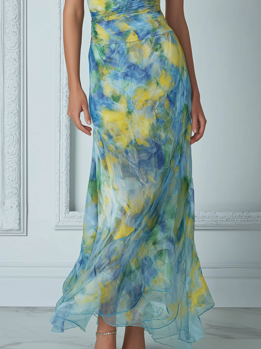 Elegant Draped Cowl Neck Blue Yellow Impressionist Print Dress