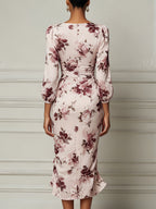 Blush Floral Print Ruched Midi Dress