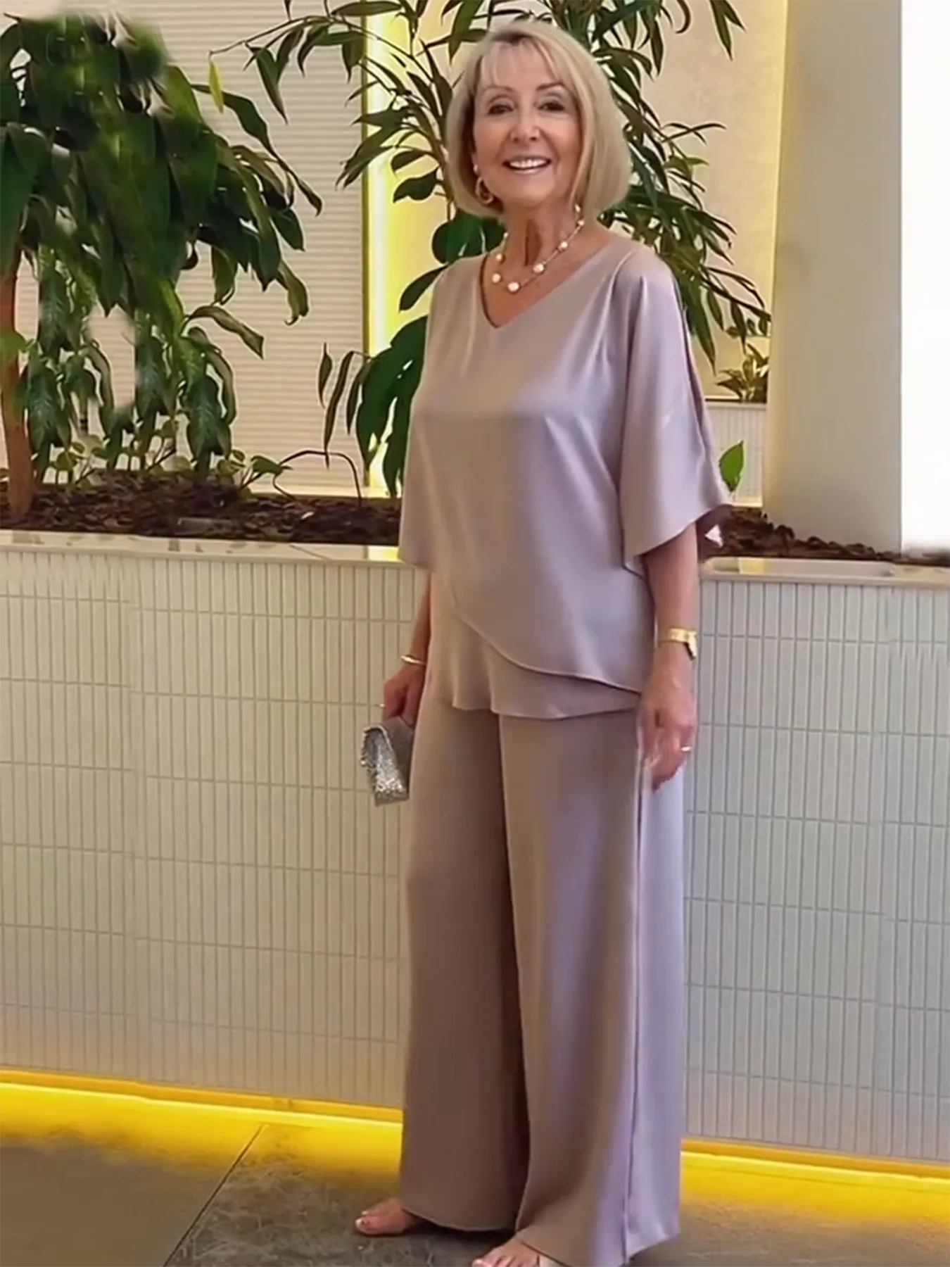 2Pcs Gray Double Layer Tunic Pantsuit