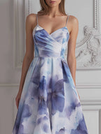Blue Watercolor Floral Print A-line Flared Midi Dress