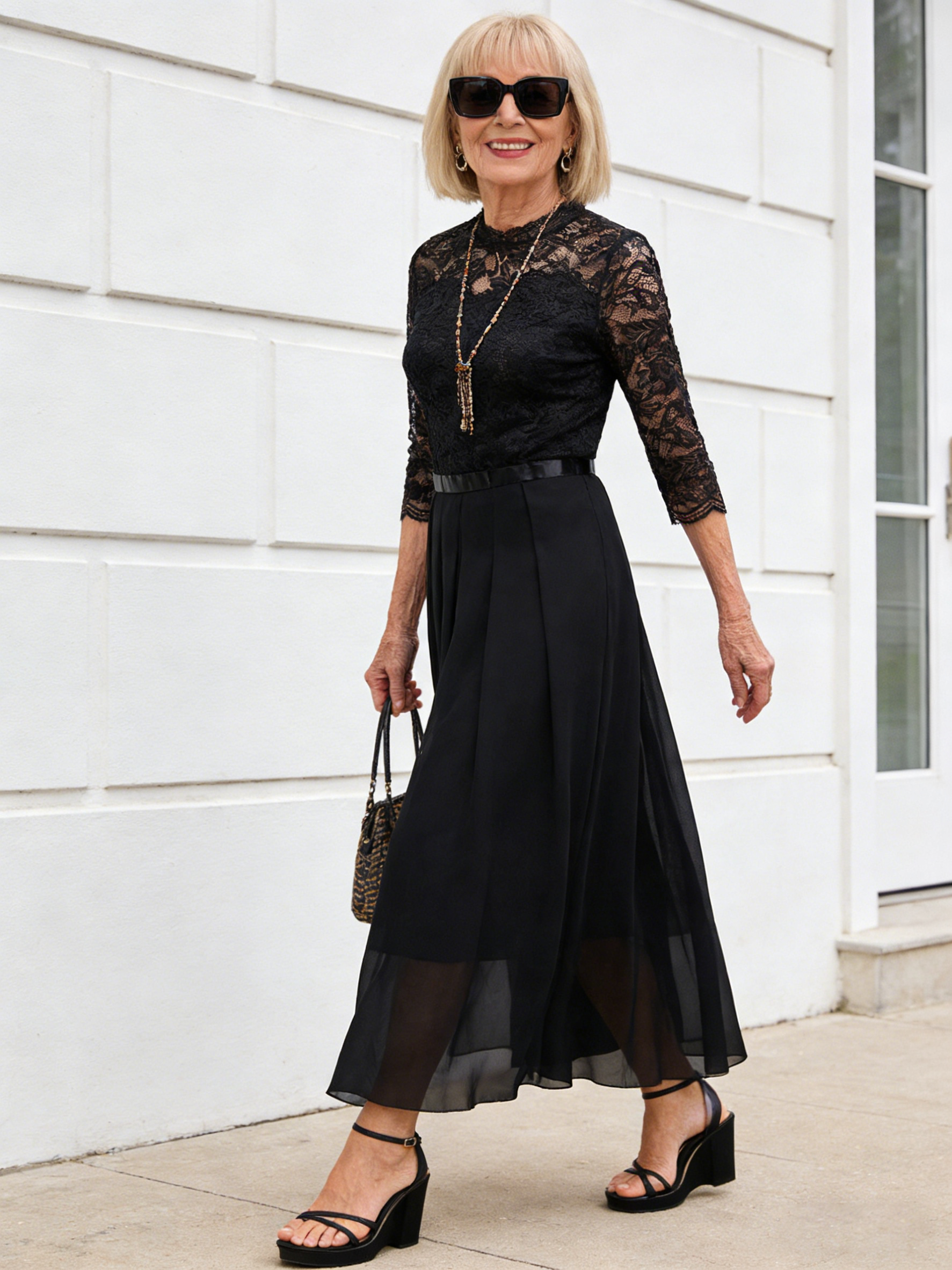 Evening Dress Splicing Dress Crew Neck Lace Dress Evening Dress