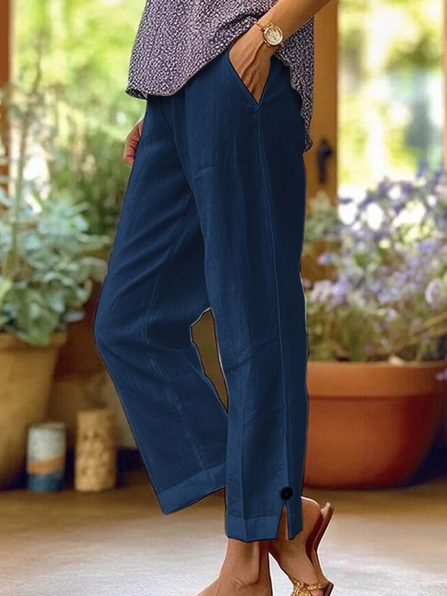 Women's Cotton-linen Solid Color Elastic Waist Pockets Straight Leg Loose-fit Casual Trousers