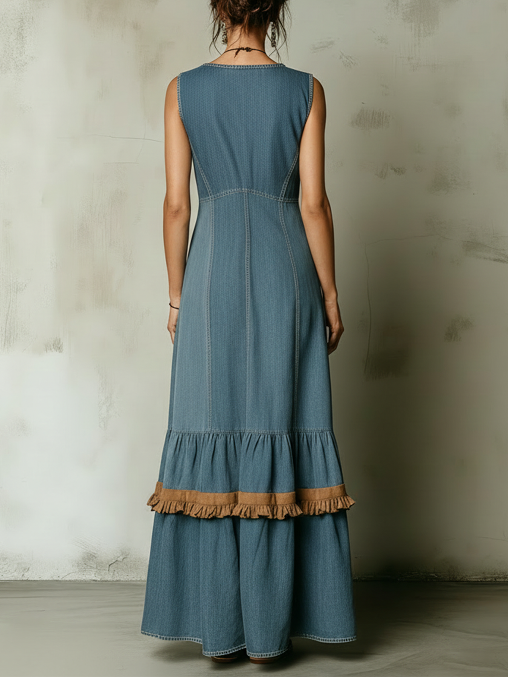 Light Blue Tencel Denim Ruffle Trim Tiered Maxi Dress