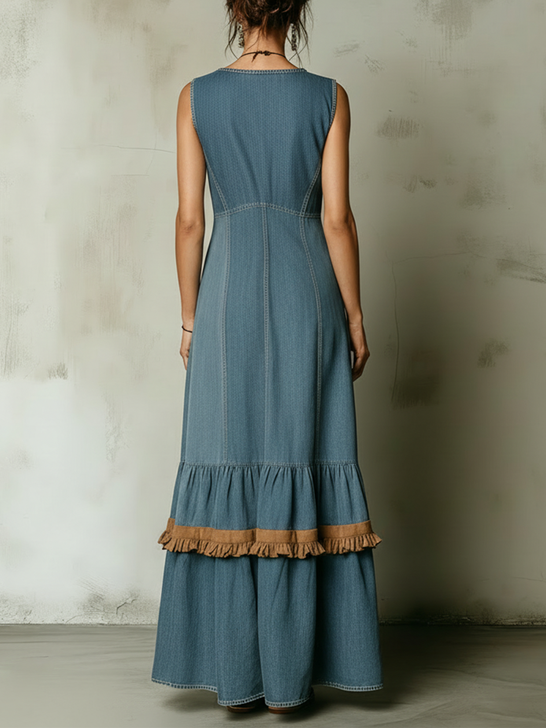 Light Blue Tencel Denim Ruffle Trim Tiered Maxi Dress