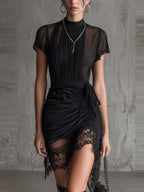 Black Chiffon Pleated Mini Dress With Lace Hem And Ruched Waist Design