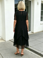 Black Glitter Chiffon Layered Midi Dress, Loose Tummy Concealing Short Sleeve Elegant Dress for Mature Women