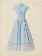 Maxi Cotton Dress , Short Sleeves, V Neck, Plain, Lace, French Vintage, Aqua blue