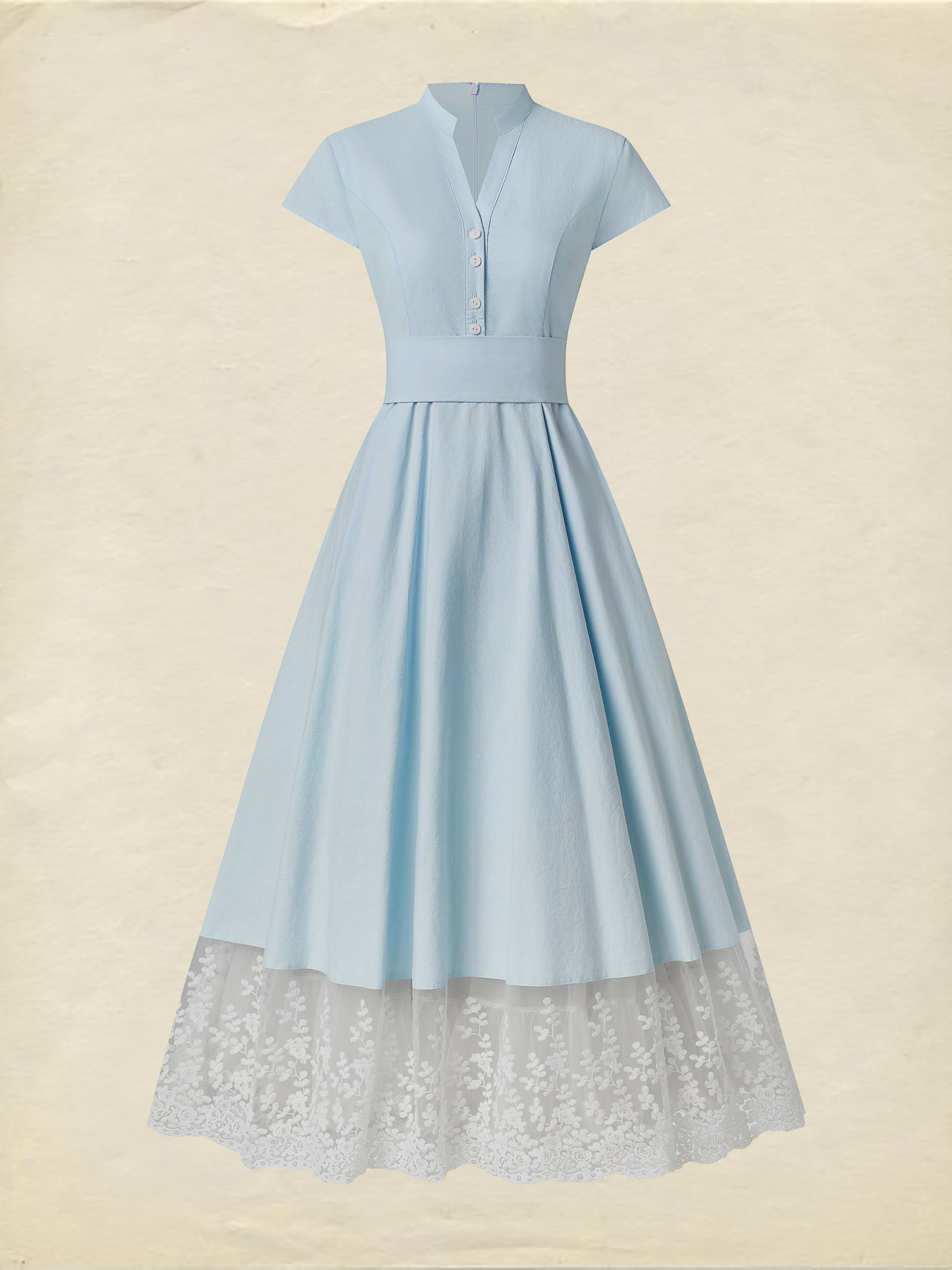 Maxi Cotton Dress , Short Sleeves, V Neck, Plain, Lace, French Vintage, Aqua blue